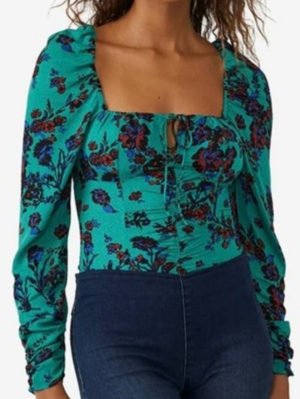 Free People Green Teal Floral Square-Neck Long Sleeve Top Size M